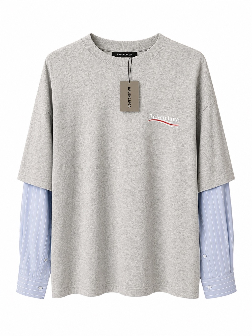 🚩steal Balenciaga Grey Layered Tee with Light Blue Striped Sleeves